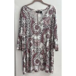 NWT Tahari Womens 2X Tunic Top My Perfect Shape Pink Purple White Paisley V Neck